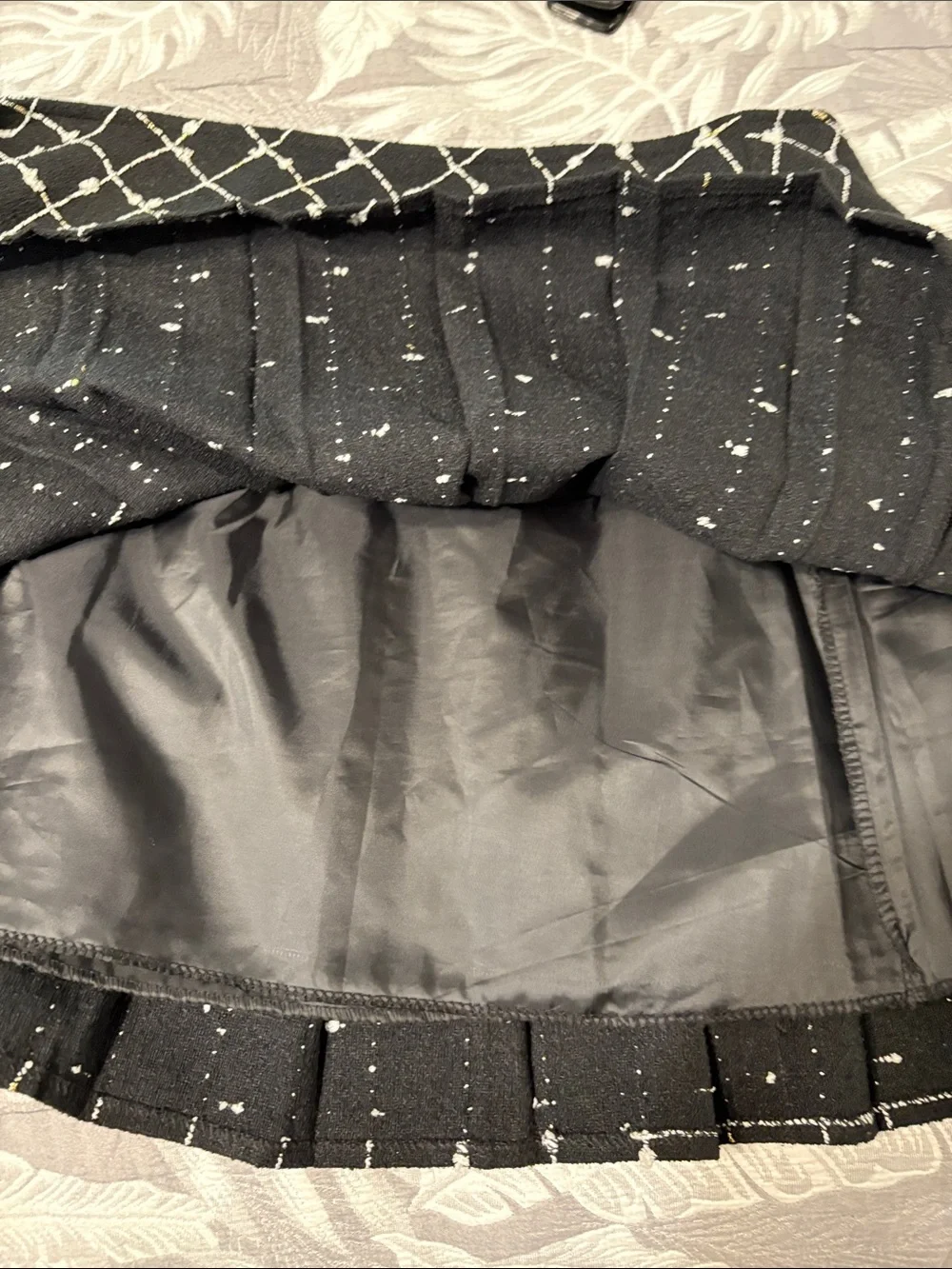 Black Grid Pleated Skater Skirt by